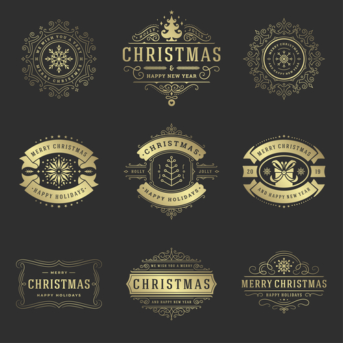 Golden christmas labels retro design vector 04