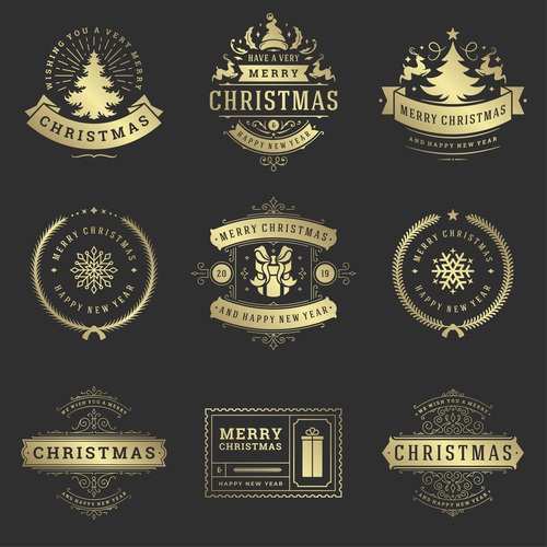 Golden christmas labels retro design vector 07