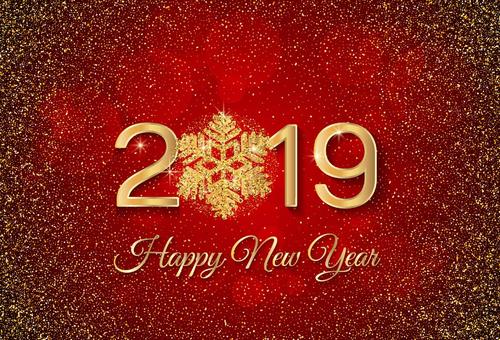 Golden snowflake with 2019 new year red background vector