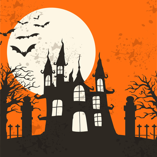 Halloween haunted house and bat vector illustration