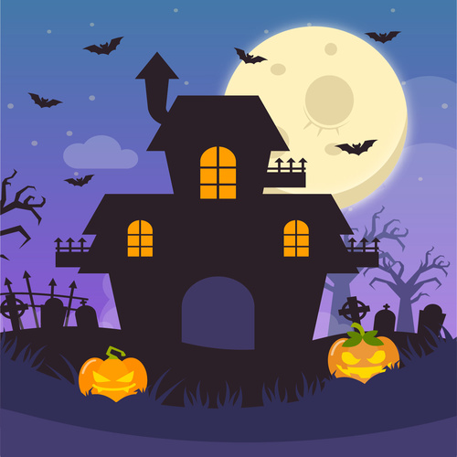 Halloween haunted house and pumpkin vector illustration