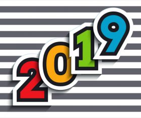 Happy new year 2019 text sticker with gray stripes background vector 01