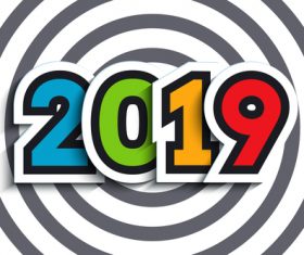 Happy new year 2019 text sticker with gray stripes background vector 02