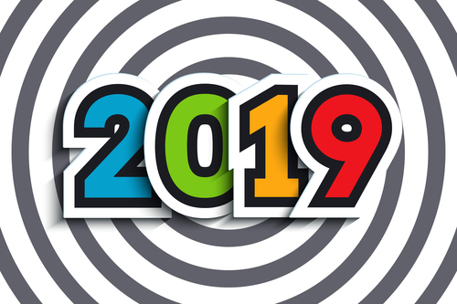 Happy new year 2019 text sticker with gray stripes background vector 02