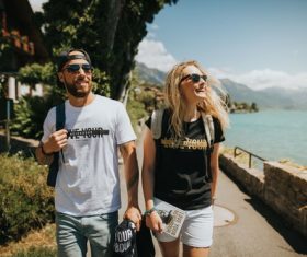Happy young couple traveling Stock Photo