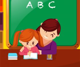Kindergarten teacher tutoring student to write homework vector illustration