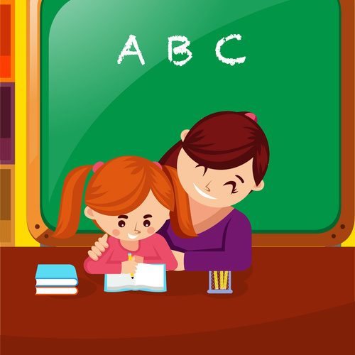 Kindergarten teacher tutoring student to write homework vector illustration