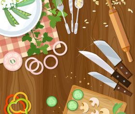 Kitchen supplies with sliced vegetables vector