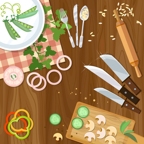 Kitchen supplies with sliced vegetables vector
