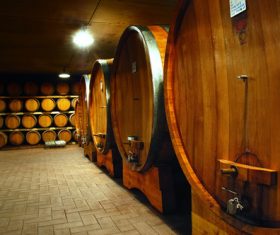 Large capacity wine barrels stored in the basement Stock Photo 01