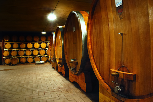 Large capacity wine barrels stored in the basement Stock Photo 01