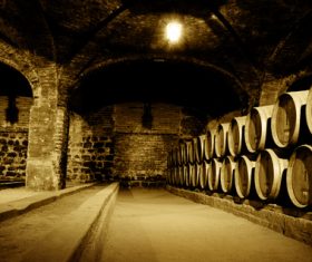 Large capacity wine barrels stored in the basement Stock Photo 02