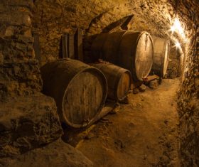 Large capacity wine barrels stored in the basement Stock Photo 08