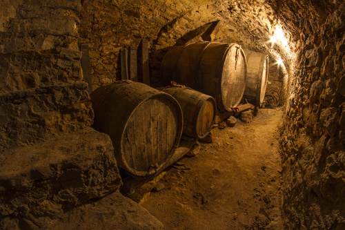 Large capacity wine barrels stored in the basement Stock Photo 08