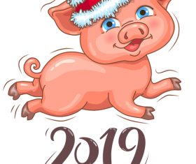 Little cute piggy in Santas hat 2019 New Year vector