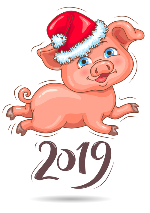 Little cute piggy in Santas hat 2019 New Year vector