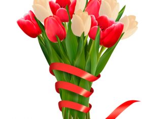 Mothers day background with colorful flowers and red ribbons vector