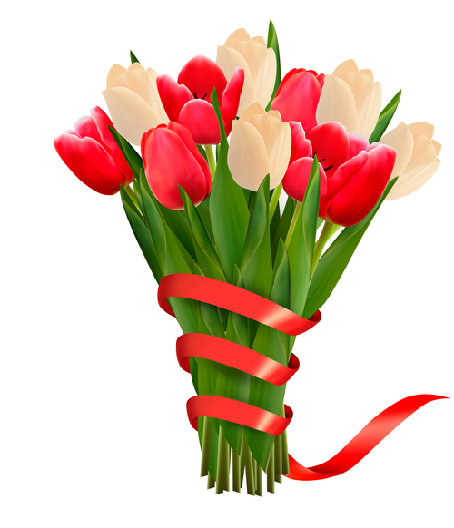 Mothers day background with colorful flowers and red ribbons vector