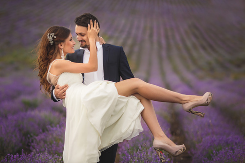 Outdoor lavender flower field wedding photo