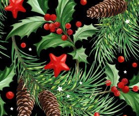Pineal fruit with holly christmas background vector 03