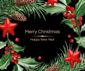 Pineal fruit with holly christmas background vector 07