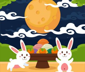 Rabbit and moon cartoon vector illustration
