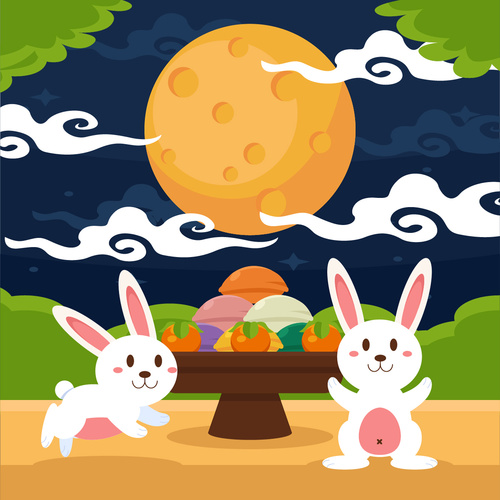 Rabbit and moon cartoon vector illustration