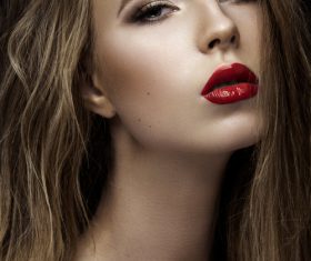 Red lips blonde charming pretty woman Stock Photo 01