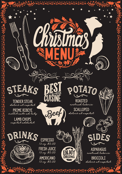 Restaurant christmas menu black template vectors 06