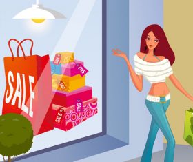 Shopping scene fashion men and women vector illustration 01