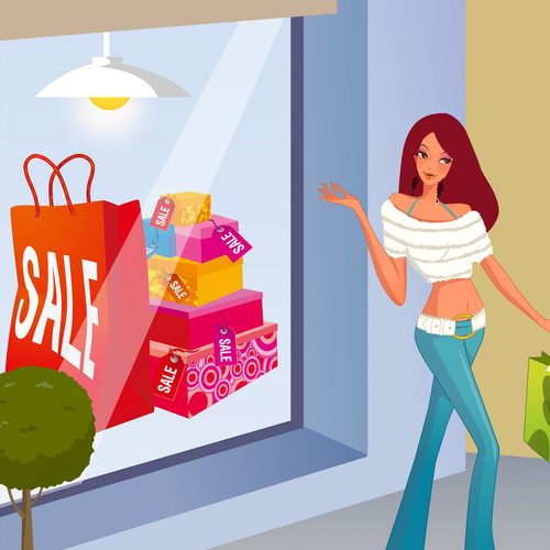 Shopping scene fashion men and women vector illustration 01