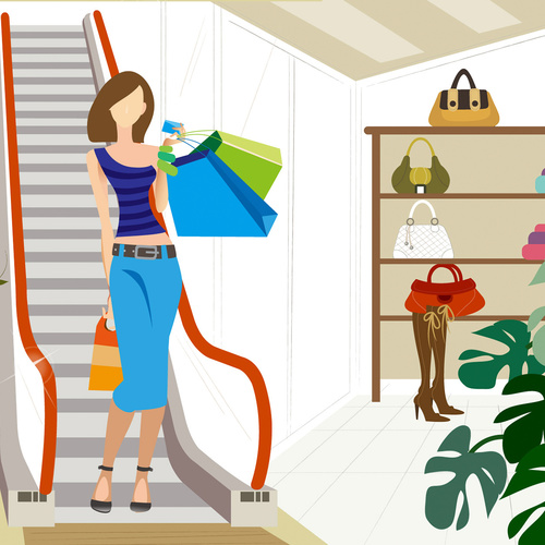 Shopping scene fashion men and women vector illustration 02