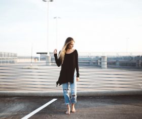 Stock Photo Outdoor barefoot posing girl