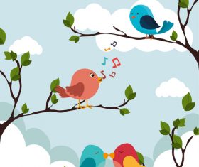 Tree branch with birds cartoon vector 02
