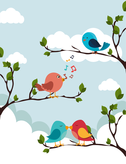 Tree branch with birds cartoon vector 02