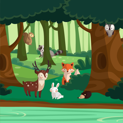 Vector illustration of animals in the autumn forest