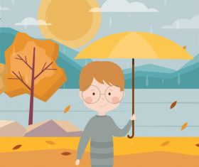 Vector illustration of boy with umbrella on the river in autumn