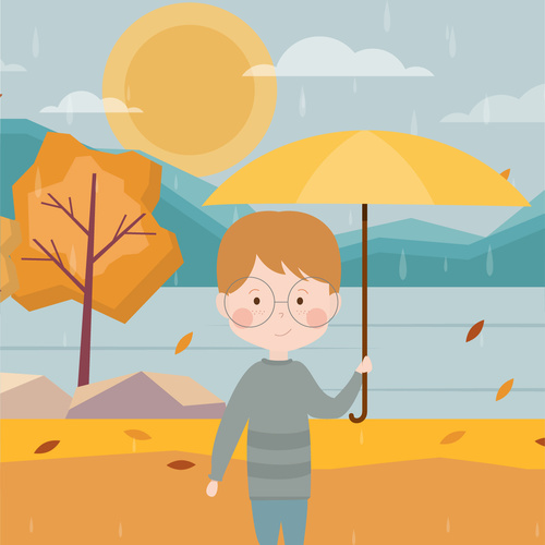 Vector illustration of boy with umbrella on the river in autumn