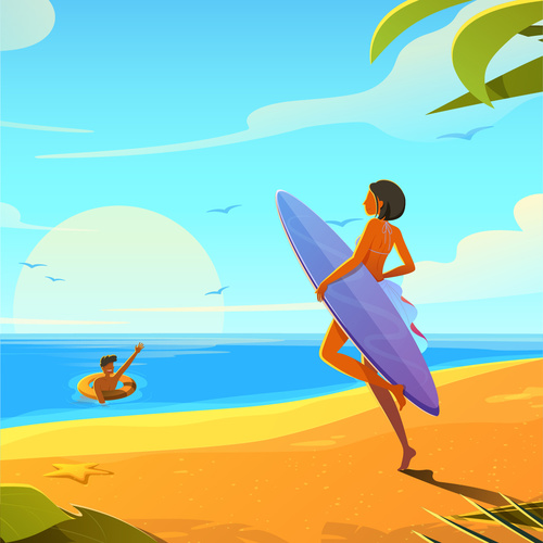 Vector illustration of couple on vacation by the sea