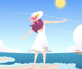 Vector illustration of girl who wants to embrace the sea