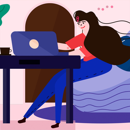 Vector illustration of girl working on sofa
