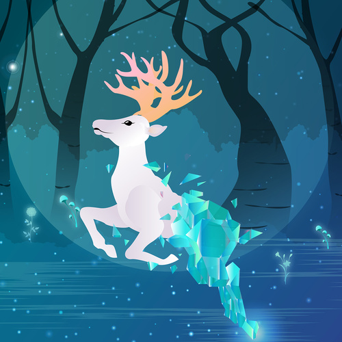 Vector illustration of psychedelic forest with deer