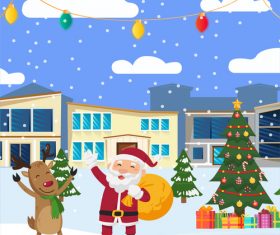 Vector illustration of santa claus and elk giving gifts