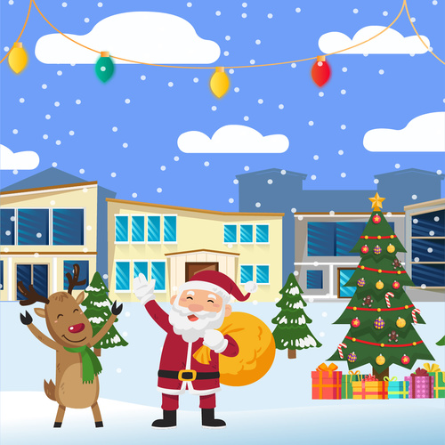 Vector illustration of santa claus and elk giving gifts