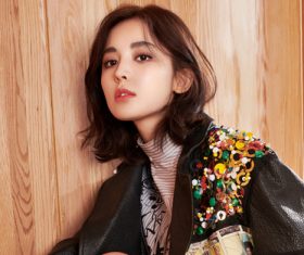 Wearing black leather jacket fashion girl Stock Photo