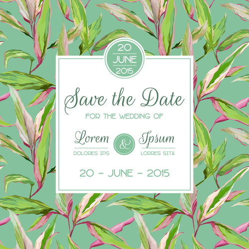 Wedding invitation card with tropical leaves vector 01