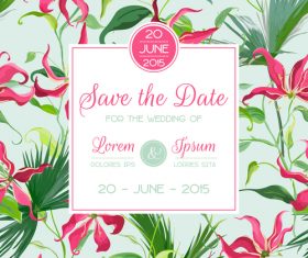 Wedding invitation card with tropical leaves vector 02