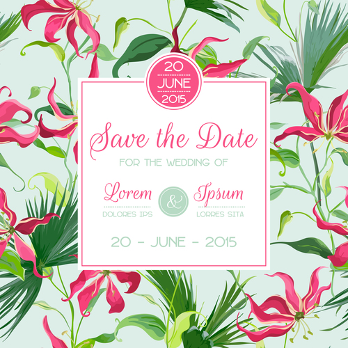 Wedding invitation card with tropical leaves vector 02