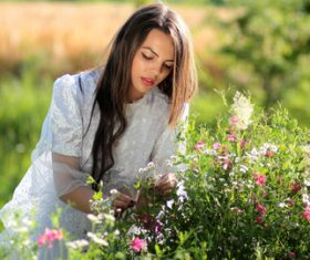 Woman picking wild flowers Stock Photo