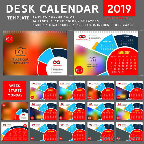 2019 desk calendar template vector material 01